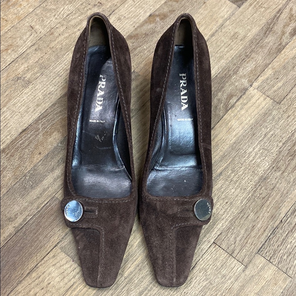 Prada Women's Dark Brown Suede Heels- Kitten Heels